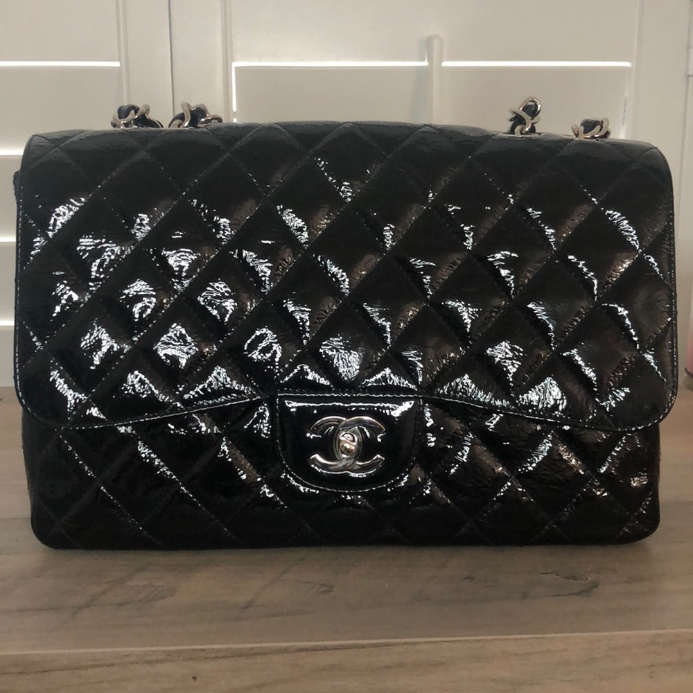 Chanel Classic Black Patent Leather Bag. Jumbo